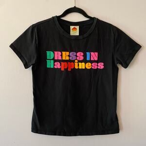 Farm Rio Women's size Small Black "Dress In Happiness" Graphic T-Shirt